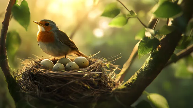 Rotkehlchen im Nest mit Eiern bei Sonnenuntergang