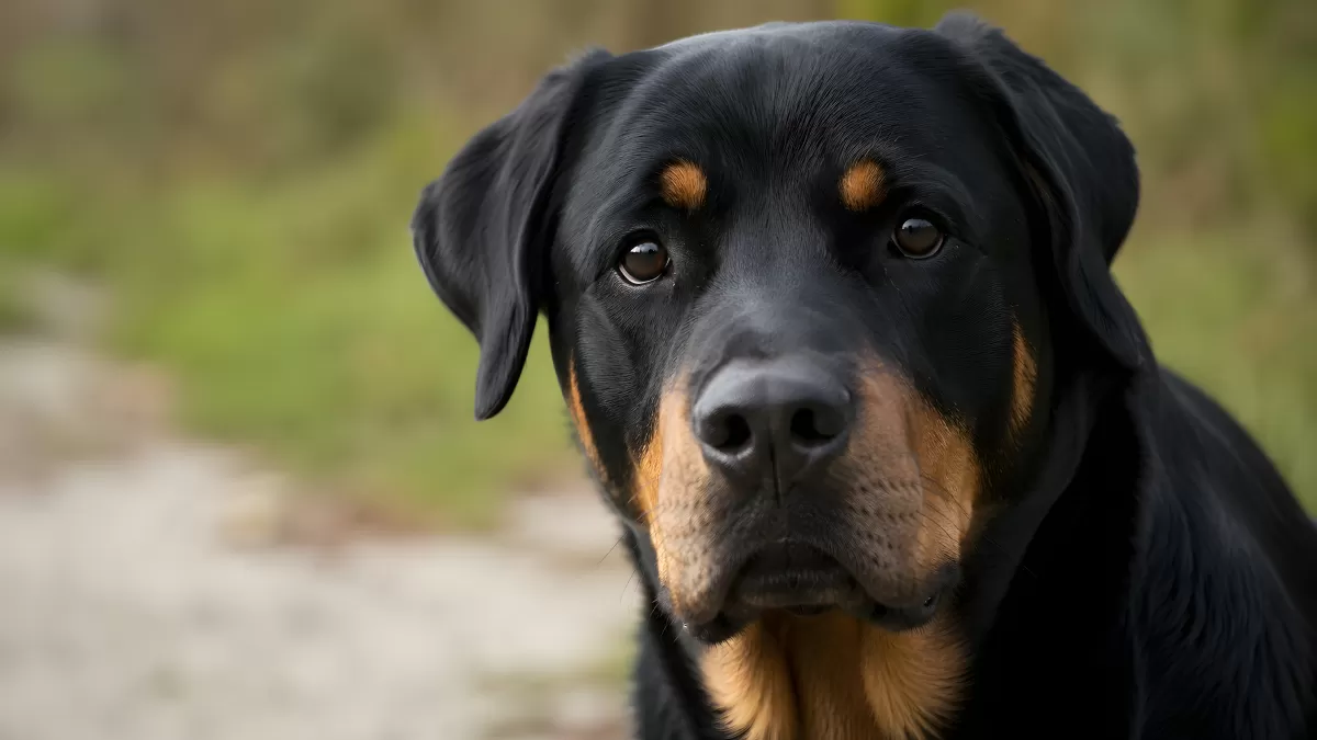 Rottweiler Portrait mit ernstem Blick in der Natur