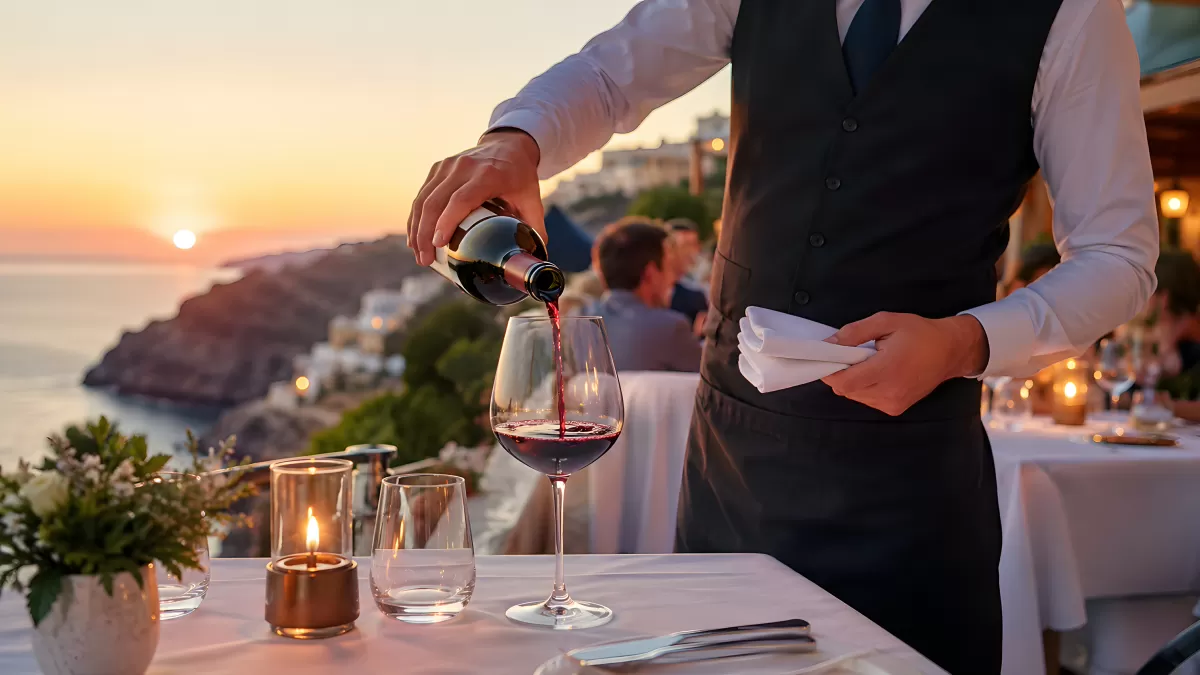 Rotwein einschenken am Meer beim Sonnenuntergang