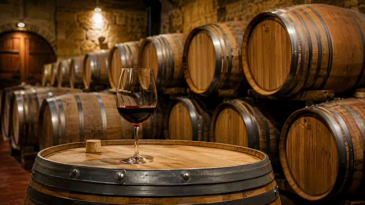 Rotwein im Weinkeller mit Eichenfässern