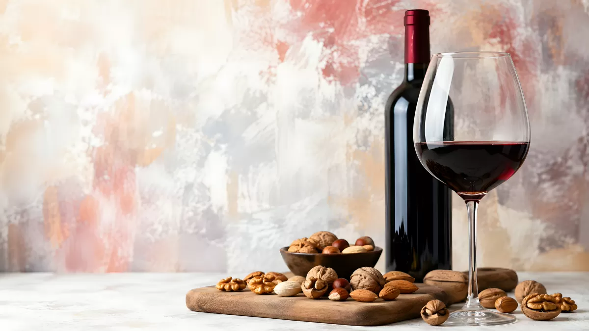 Rotwein mit Walnüssen und Haselnüssen auf Holzbrett