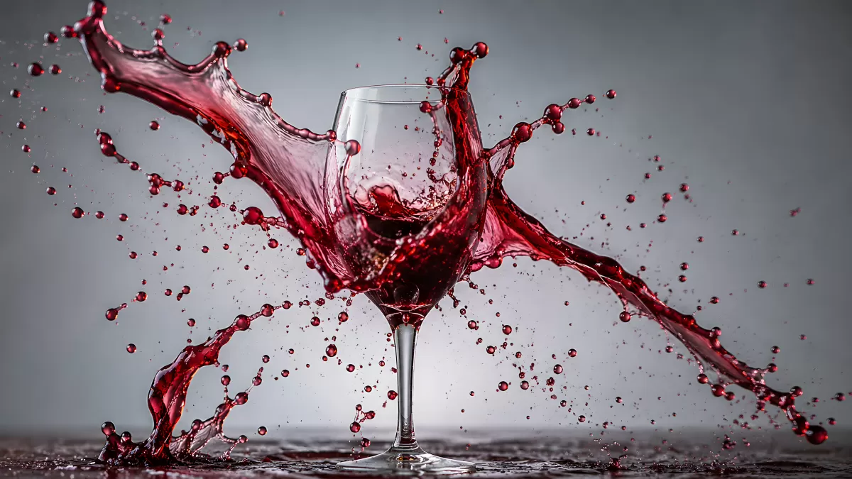 Rotwein spritzt dramatisch aus einem Weinglas