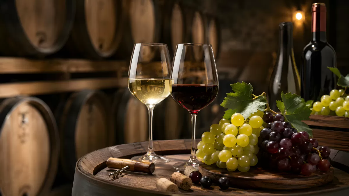 Rotwein und Weißwein im rustikalen Weinkeller