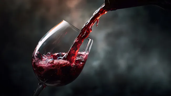 Rotwein wird in ein Weinglas gegossen