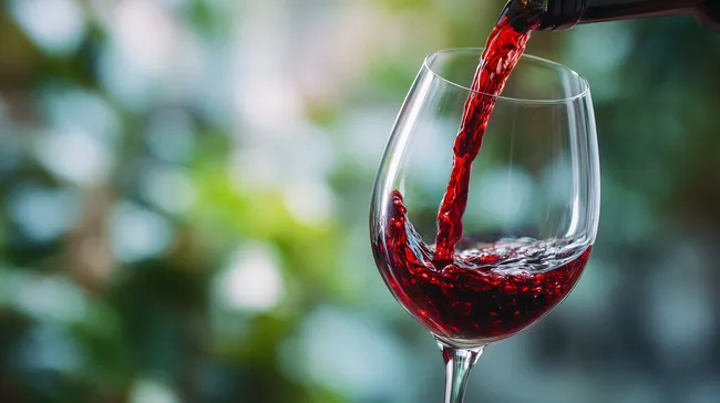 Rotwein wird in Glas geschenkt bei Tageslicht