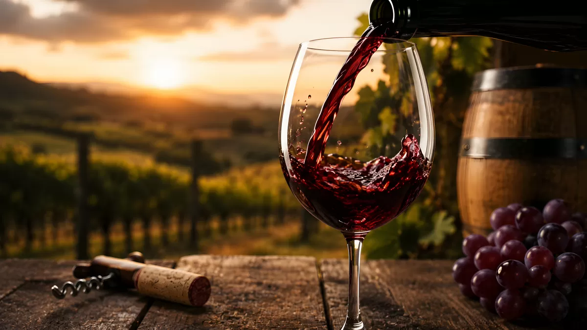 Rotwein wird in Weinglas eingeschenkt bei Sonnenuntergang
