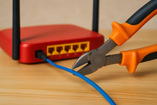 Router-Kabel wird durchtrennt als Symbol für Abschaltung
