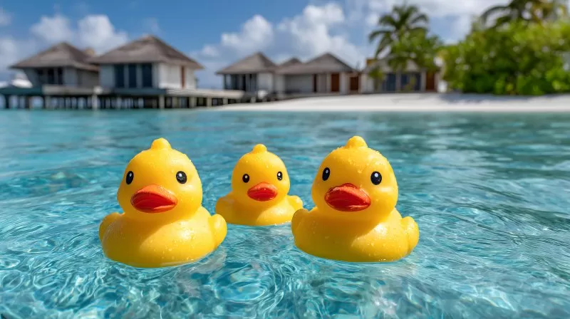 Rubber duck toys floating in tropical ocean