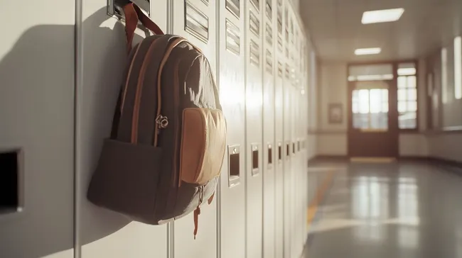 Rucksack an Spinden in Schulflur