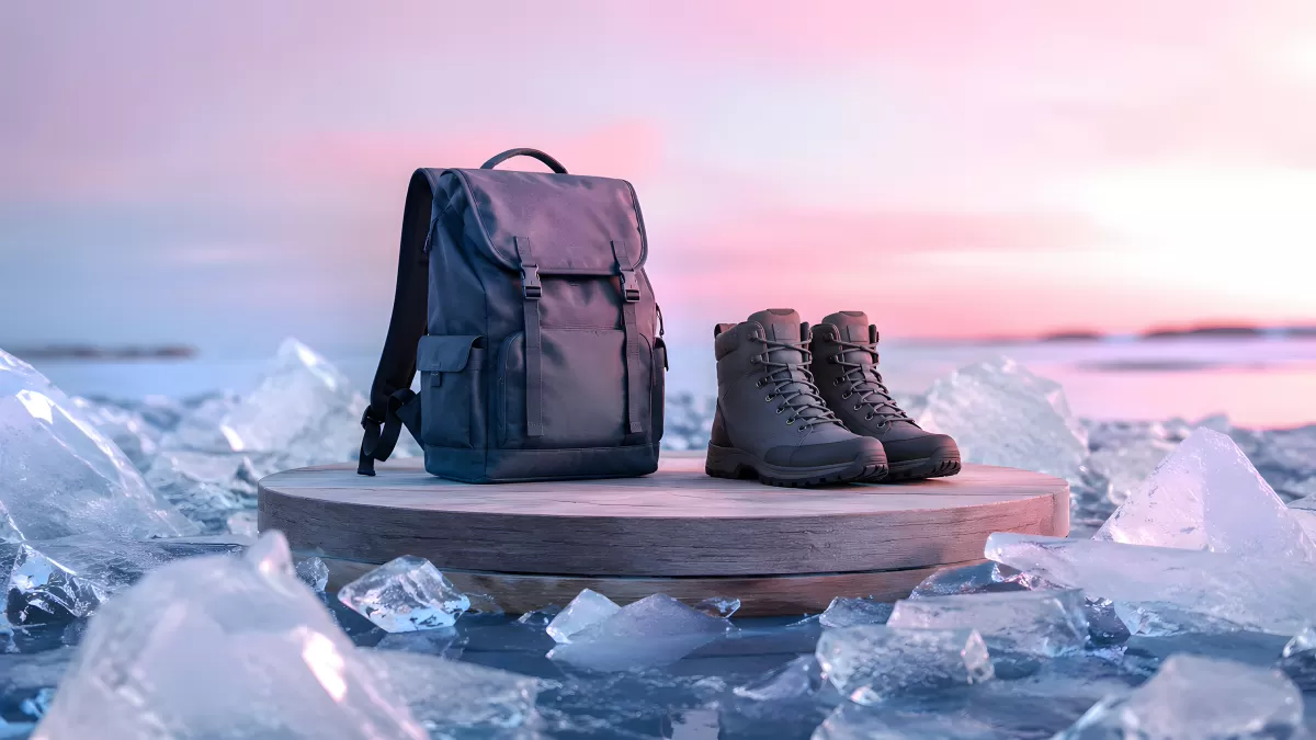 Rucksack und Wanderstiefel auf Eis – Outdoor-Ausrüstung