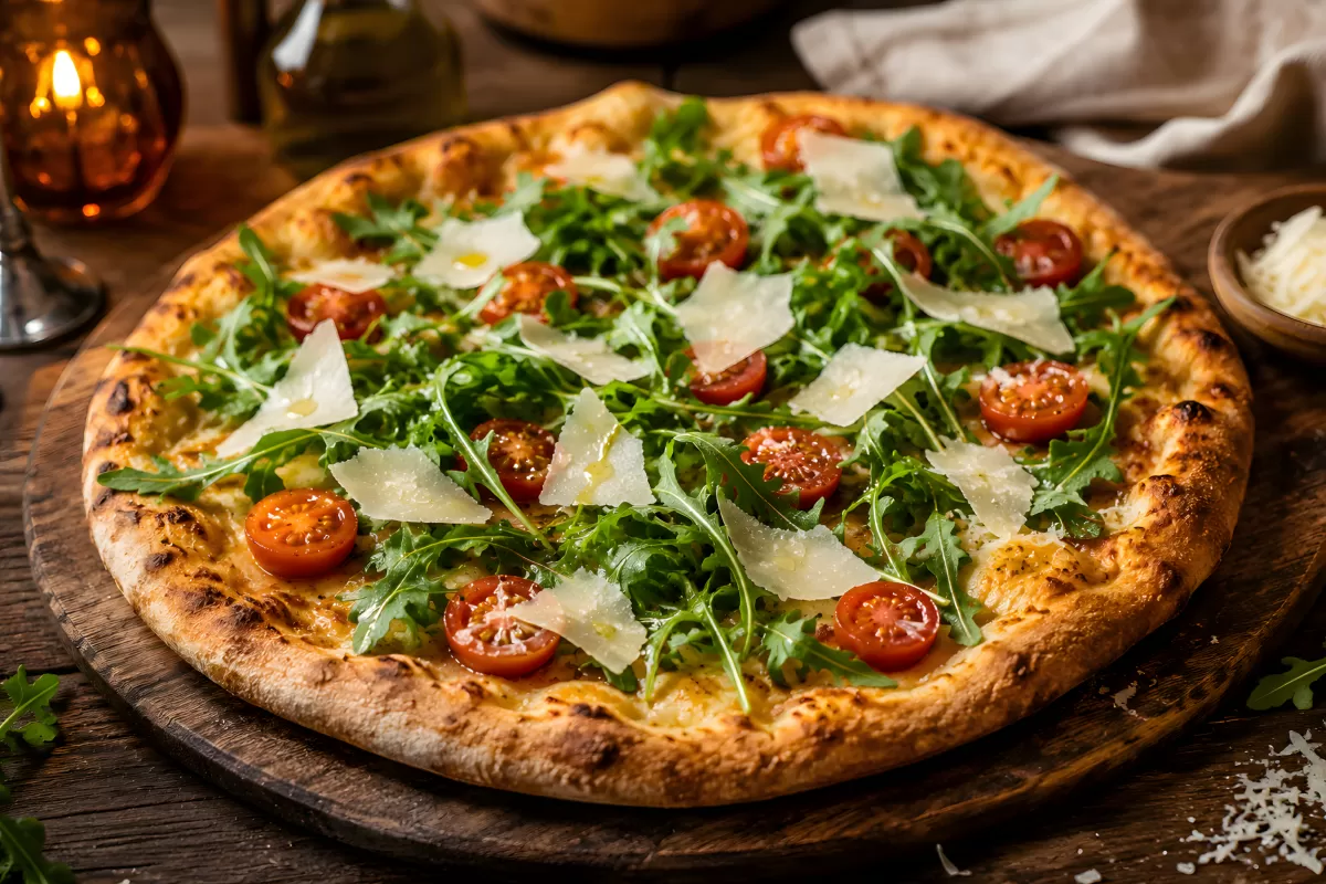 Rucola-Pizza mit Kirschtomaten und Parmesan