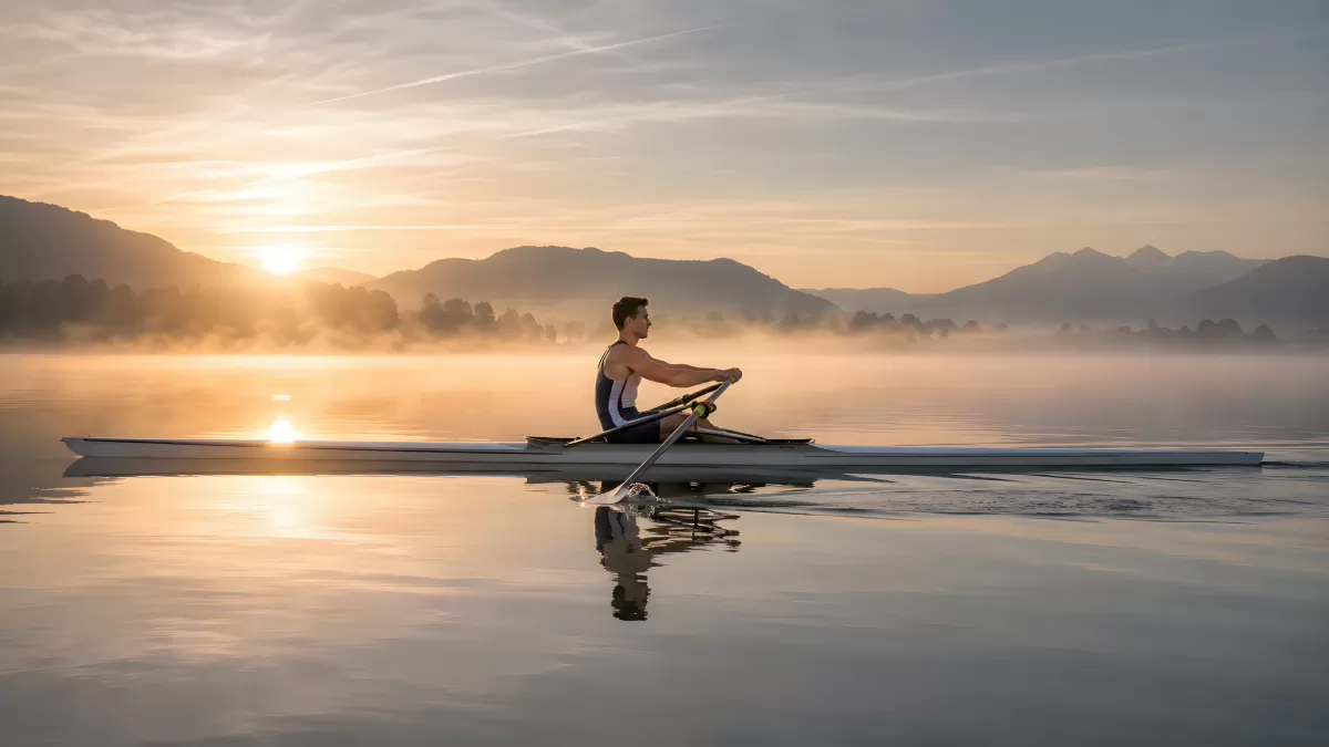 Ruderer auf ruhigem See bei goldenem Sonnenaufgang