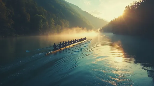 Ruderkollektiv bei Morgendämmerung auf ruhigem See