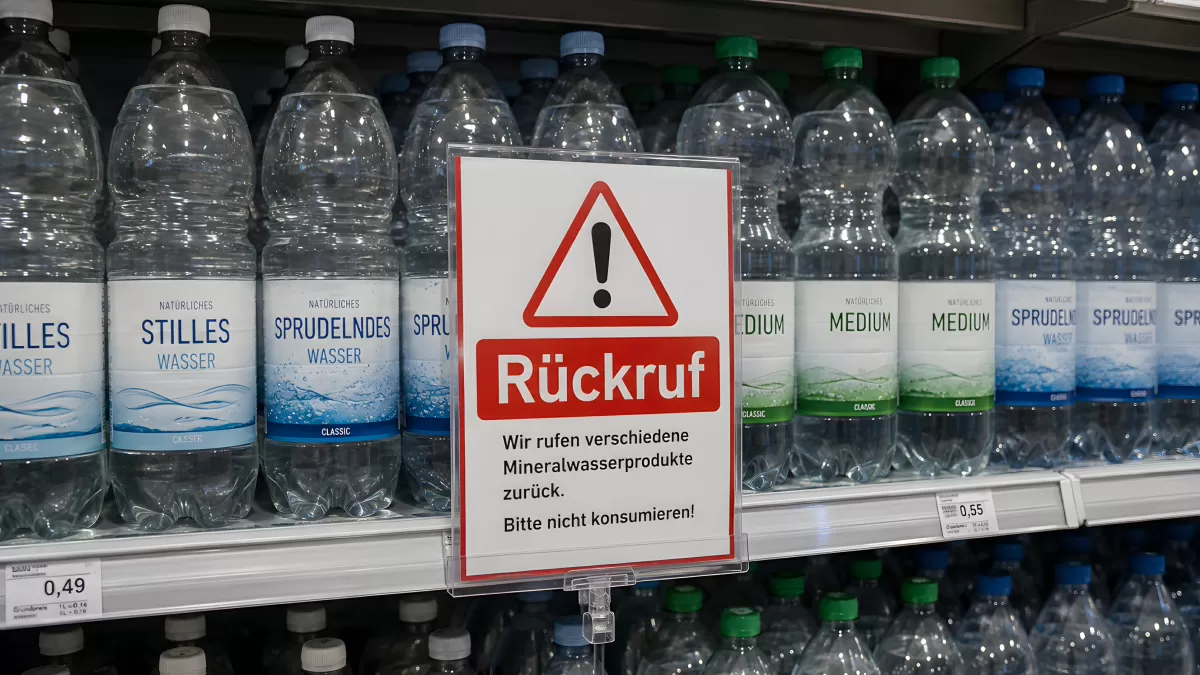Rückruf-Schild vor Mineralwasserregalen im Supermarkt