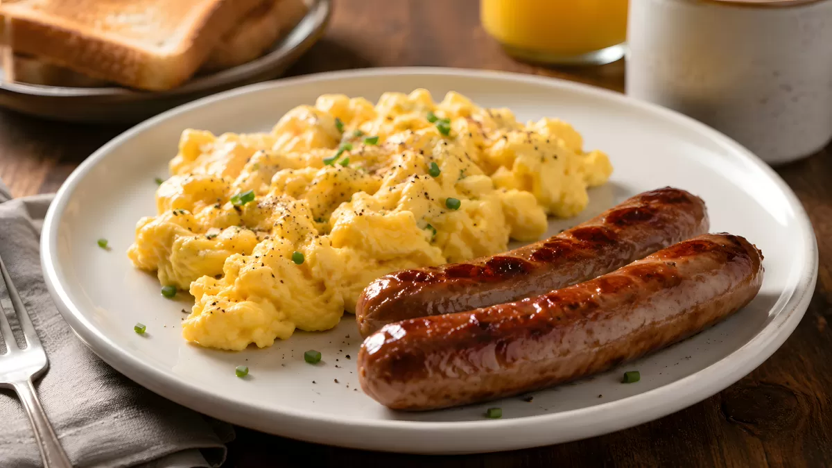 Rührei mit Bratwurst und Toast zum Frühstück