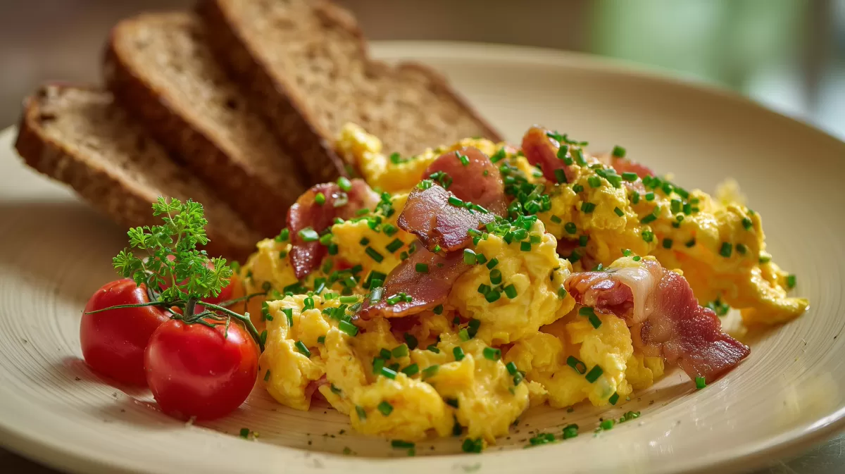 Rührei mit Speck und Schnittlauch photorealist