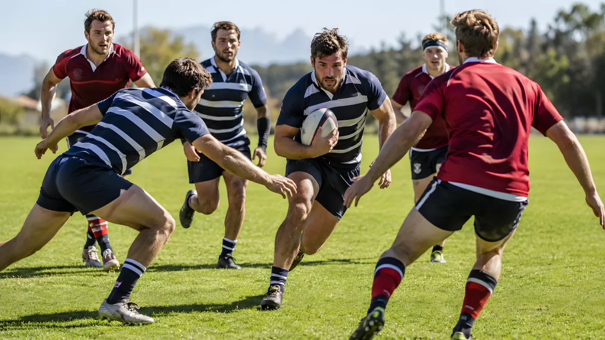Rugbyspieler läuft mit Ball durch gegnerische Abwehr
