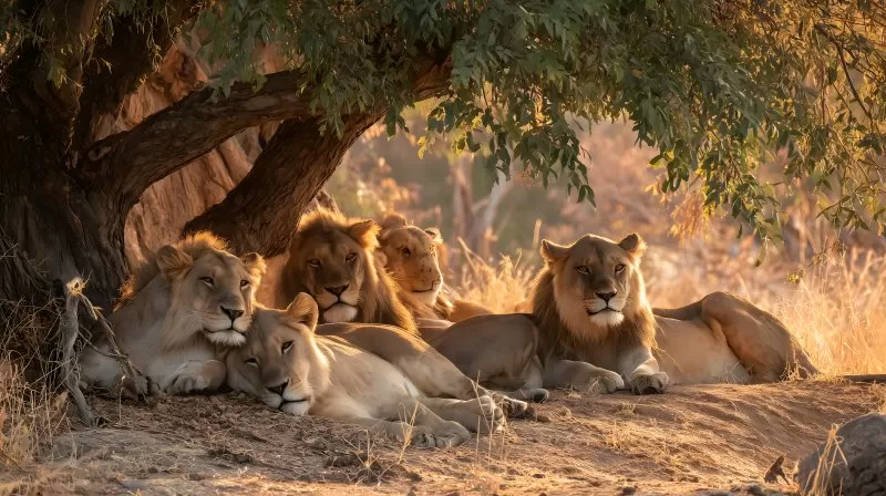 Ruhende Löwenfamilie im Schatten eines Baumes in der Savanne