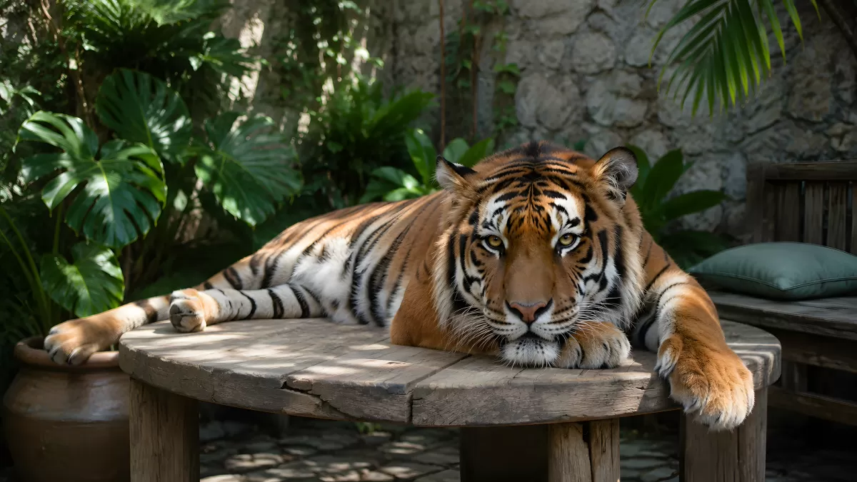 Ruhender Tiger liegt auf einem Holztisch im Garten