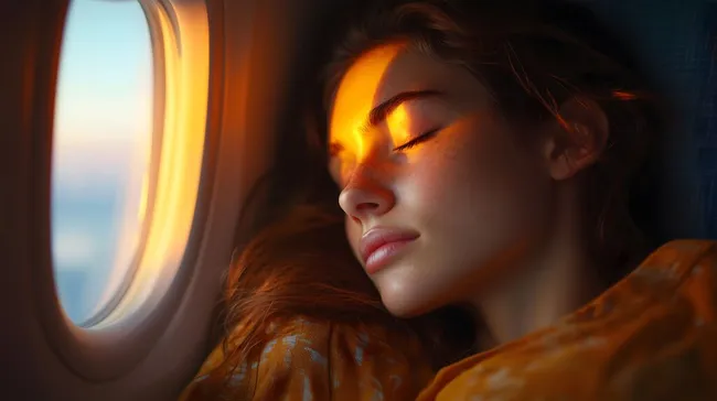 Ruhige Frau schläft im Flugzeug bei Sonnenuntergang