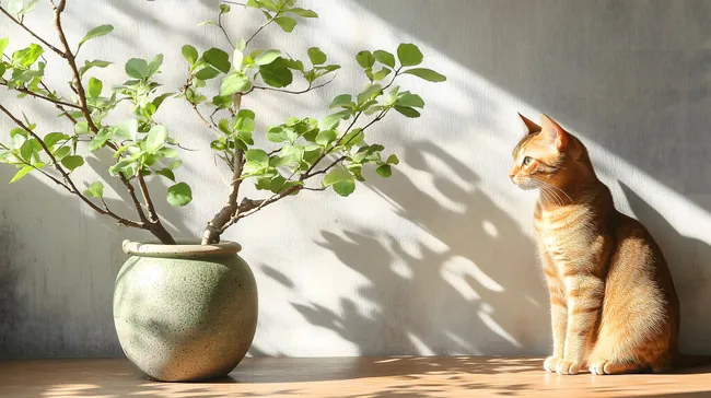 Ruhige Katze beobachtet Zimmerpflanze im Sonnenlicht