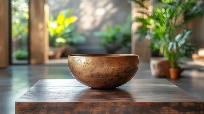 Ruhige Meditation mit Klangschale auf Holztisch