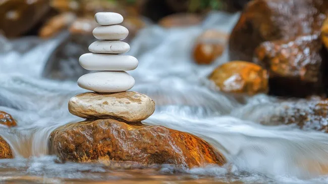 Ruhige Steinbalance im Fluss mit klarem Wasser