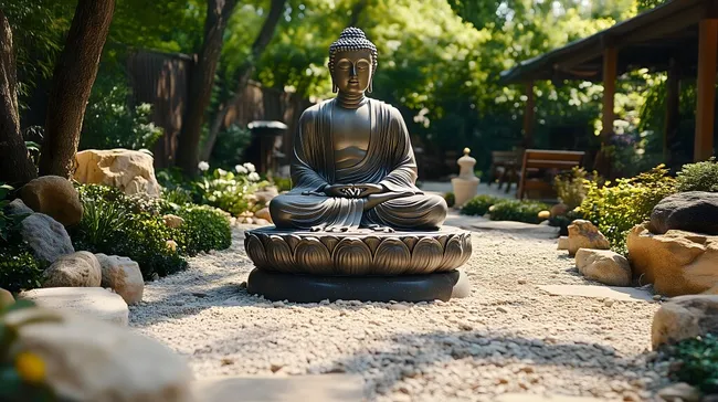 Ruhige Zen-Gartenlandschaft mit Buddha-Statue
