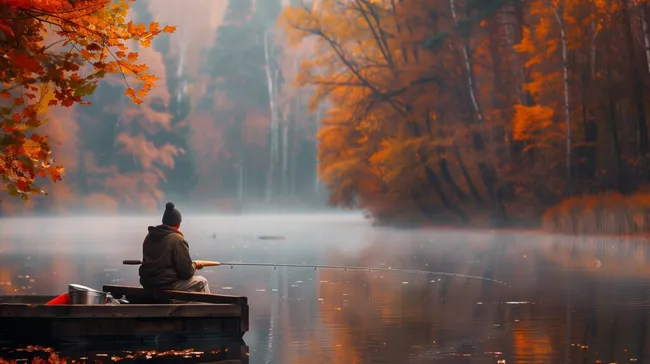 Ruhiger Anglertraum im Herbstwald