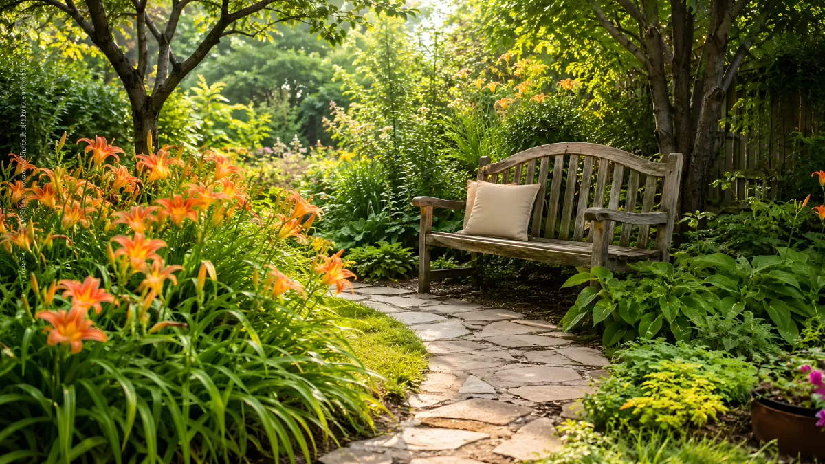 Ruhiger Gartenpfad mit Holzbank und Taglilien