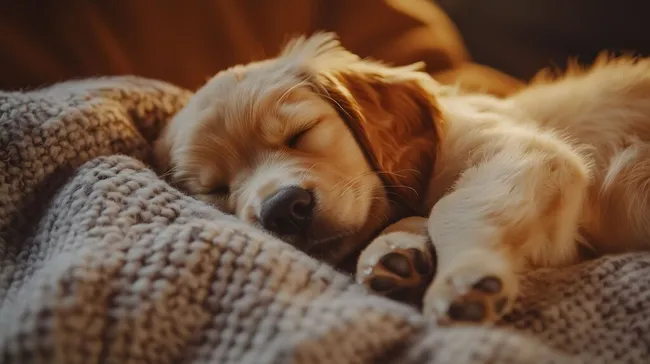 Ruhiger, goldener Retriever-Welpe in gemütlicher Decke