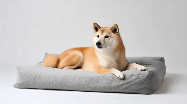 Ruhiger Hund, liegend auf grauem Hundesofa