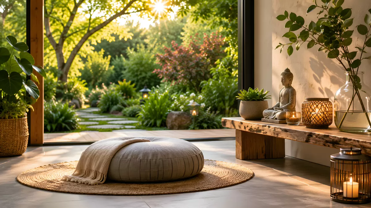 Ruhiger Meditationsraum mit Blick in einen Garten