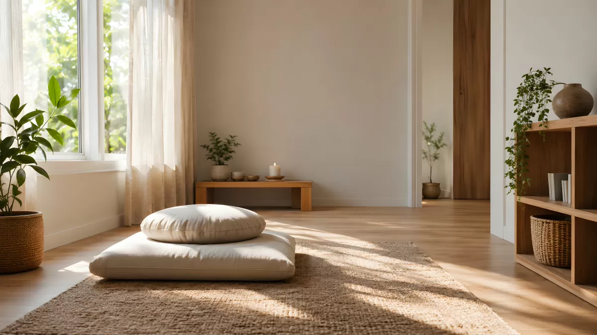 Ruhiger Meditationsraum mit Sitzkissen im Sonnenlicht