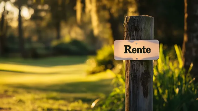 Ruhiger Waldweg mit Rentenschild an sonnigem Nachmittag