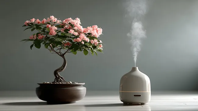 Ruhiges Aromabad: Bonsai und Duftdiffusor auf Holztisch
