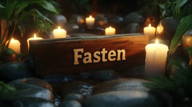 Ruhiges Arrangement mit Fasten-Schild und Kerzen