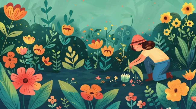Ruhiges Gartenmotiv mit Blumen und Frau