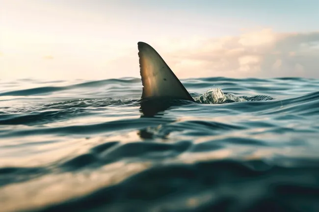 Ruhiges Meer mit Haifischflosse bei Sonnenuntergang