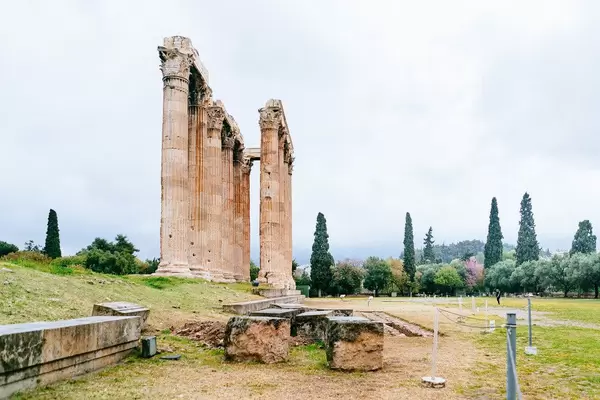 Ruins of columns and walls in the Acropolis of Athens