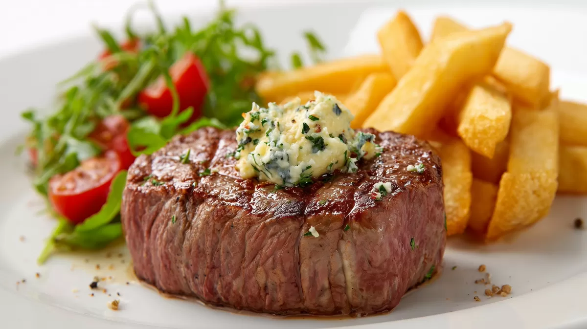 Rumpsteak medium mit Kräuterbutter und Pommes