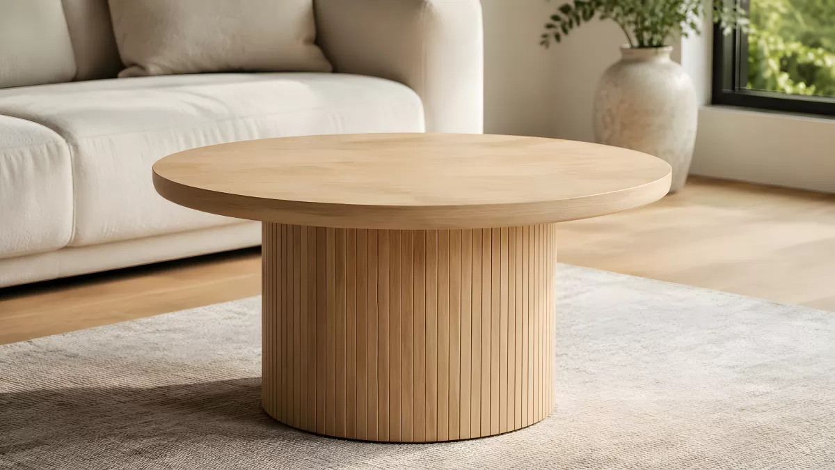 Runder Holz-Couchtisch mit Rillen-Säulenfuß im Wohnzimmer