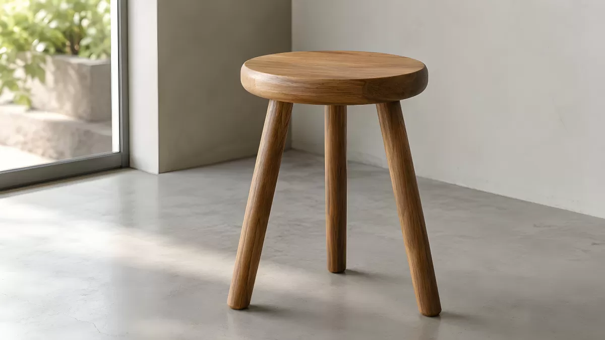 Runder Holzhocker mit drei Beinen auf Betonboden