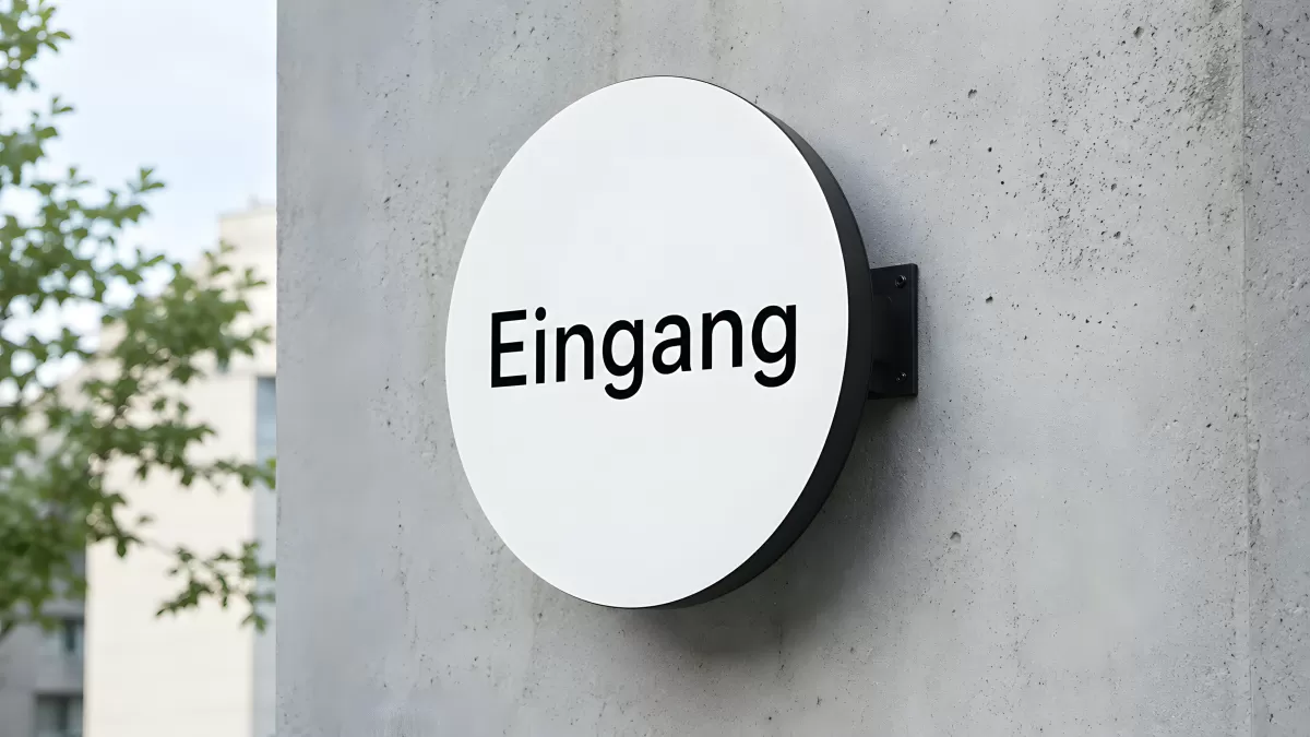 Rundes Eingang-Schild an Betonwand eines Gebäudes