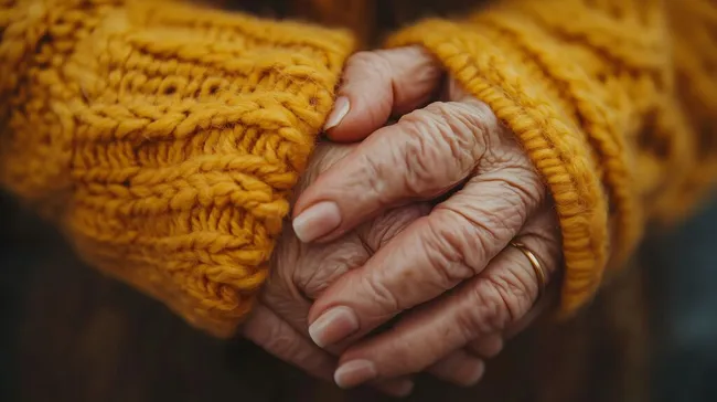 Runzlige Hände eines älteren Menschen in gelber Strickjacke