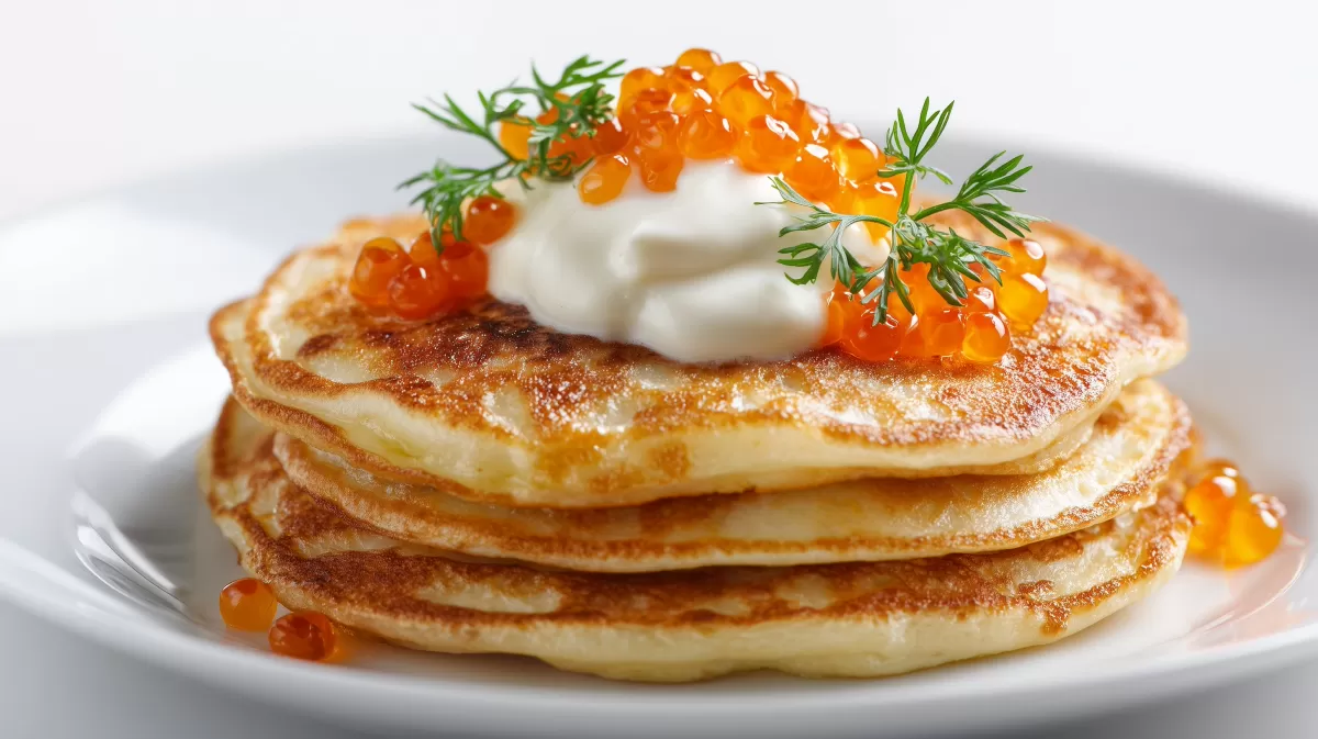 Russische Blini Pfannkuchen mit Kaviar und Sauerrahm