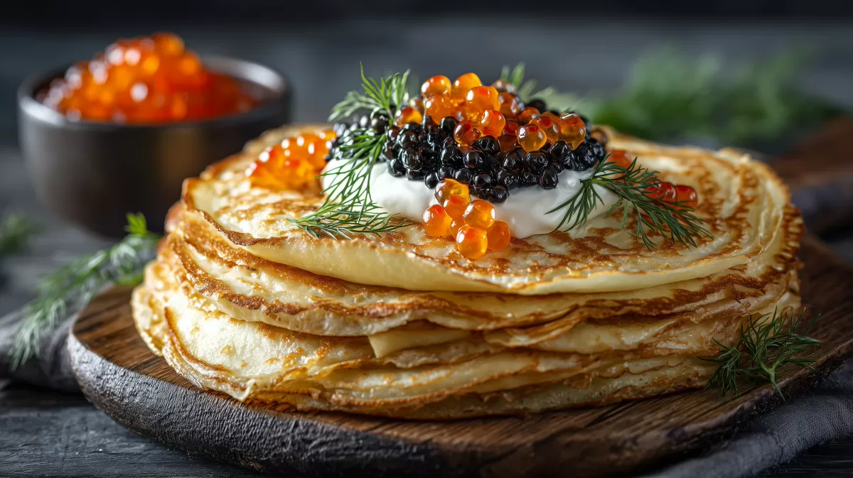 Russische Blini Pfannkuchen mit rotem und schwarzem Kaviar