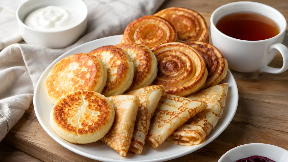 Russische Blini und Oladji auf einem Teller serviert