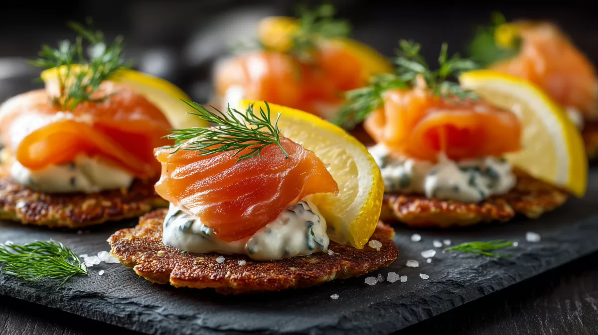 Russische Blinis mit geräuchertem Lachs auf Schiefer