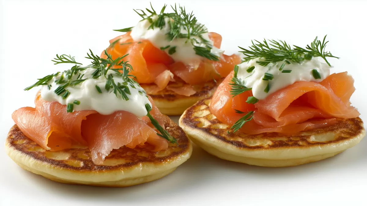 Russische Blinis mit geräuchertem Lachs und Dill